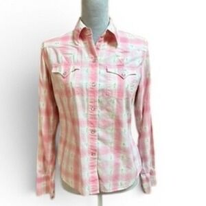 Lucky Brand Western Shirt Women M Pink Plaid Floral Embroidered Snap Pearl Rodeo